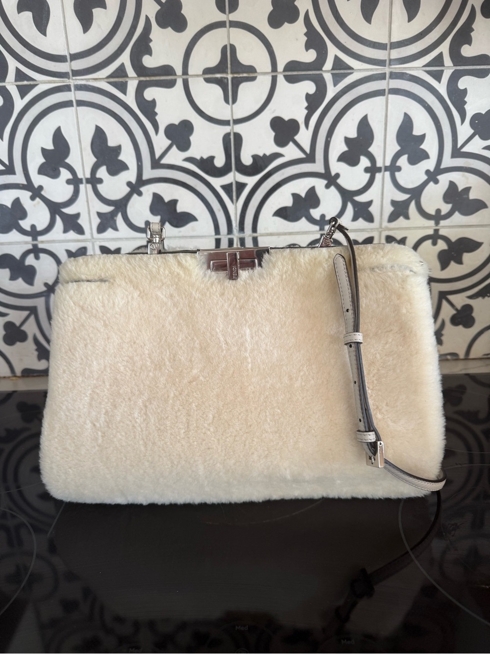 FENDI——-Faux Shearling Shoulder Bag in Cream